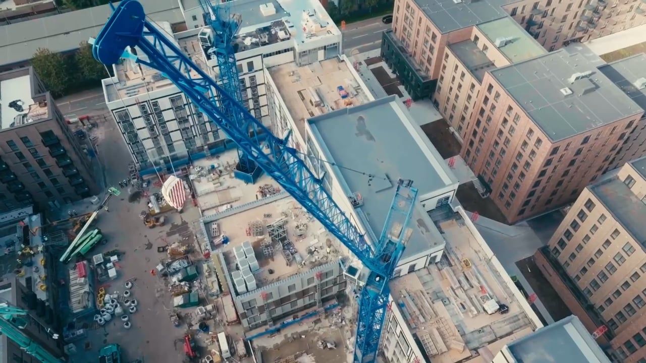 Aerial view of a live construction site